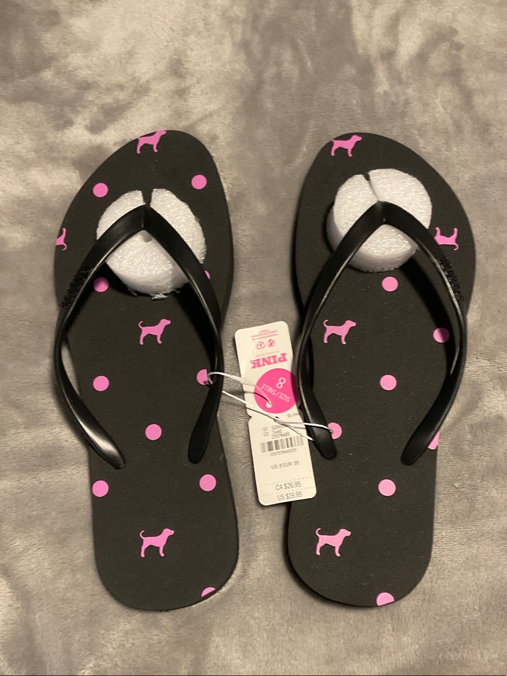 NWT SZ 8 WOMEMS PINK Black Flip Flops with Pink Dot & Dog Print (20 MSRP)